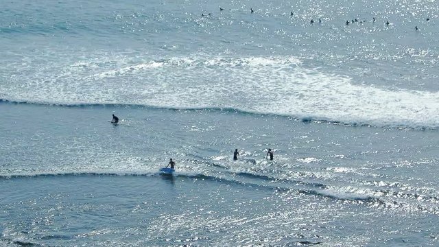 Surfers catch waves. View from above. Indonesia, Bali island. FullHD footage