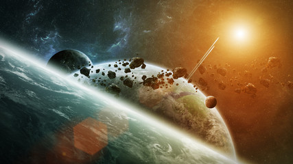 Distant planet system in space 3D rendering © sdecoret