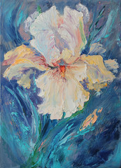 White iris on multicolored blue background, original oil painting made in impressionistic style, with heavy brush strikes and palette knife  © Irina Sergeyeva
