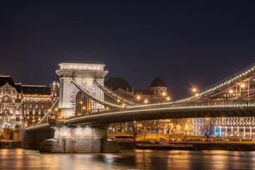 Night view of the Szechenyi Chain Bridge on the River Danube in Budapest