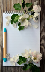 Blank page of a notebook and apple flowers