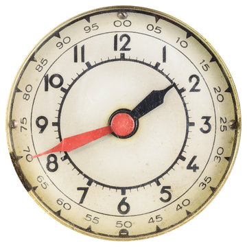 Vintage clock face with red and black hands