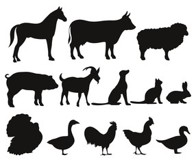 set of silhouettes of farm animals
