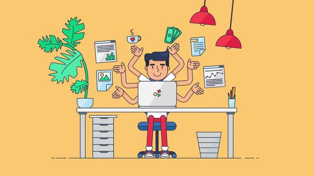 Workspace of Professional Working Developer, Programmer, System Administrator or Designer. Business project or startup animation concept. Employee office workplace motion graphics.