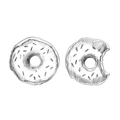 Hand drawn donut and eaten donat isolated on white background.  Pencil drawing.