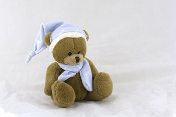 Teddy Bear with hat and scarf Sitting on white background