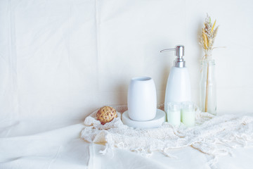 Fototapeta na wymiar bathroom accessories on table white background.