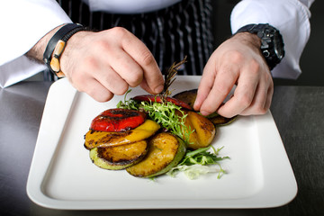 Chef in Restaurant garnishing vegetable dish, crop on hands, filtered image
