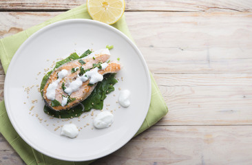 Salmon and spinach and Sauce yogurt