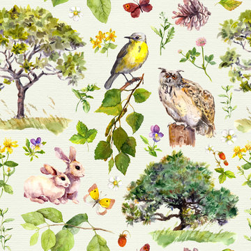 Forest and park: bird, rabbit animal, tree, leaves, flowers, grass. Seamless pattern. Watercolor