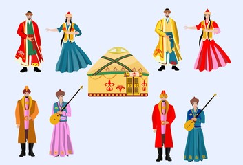 Kazakh people in national dress, vector set