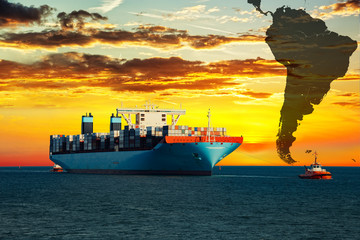 Ship on sea and America map background - shipping travel concept.