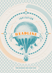Naklejka premium travel themed retro invitation, greeting card or poster template with hot air balloon - perfect for coupons or wedding invites