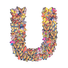 Letter U alphabet with butterfly ABC concept type as logo isolated on white background