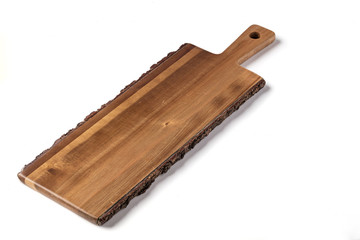 Isolated rectangular wooden cheese/serving board with handle on a white background