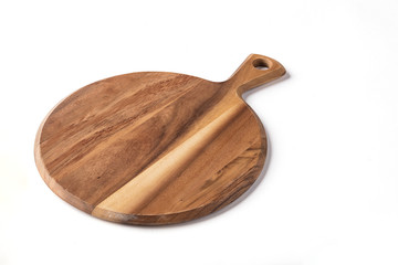 Isolated round wooden textured pizza/cheese board on a white background