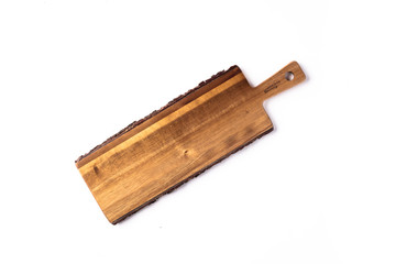 Isolated rectangular wooden cheese/serving board with handle on a white background