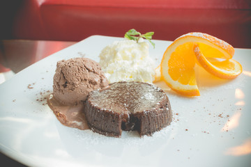 chocolate lava cake set with ice cream