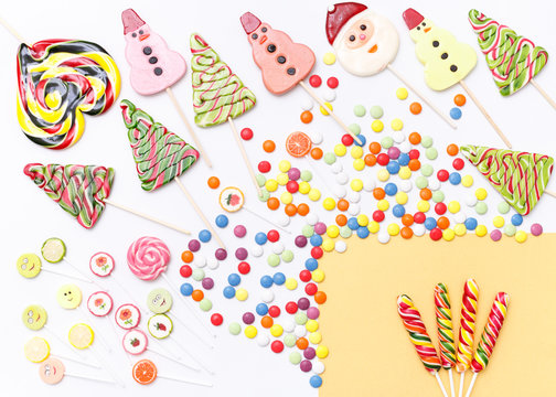 Lollipops sweets. Candy, top view flat lay on background. Sweet sucker, lollipop, candy, food background