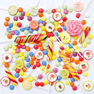 Lollipops sweets. Candy, top view flat lay on white background. Sweet sucker, lollipop, candy, food background