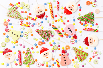 Lollipops sweets. Candy, top view flat lay on white background. Sweet sucker, lollipop, candy, food background
