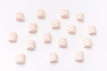 Pattern sweet marshmallow, candy on white background, top view flat lay. Isolated minimal concept above decoration, view white marshmallow, food background