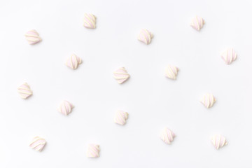 Pattern sweet marshmallow, candy on white background, top view flat lay. Isolated minimal concept above decoration, view white marshmallow, food background