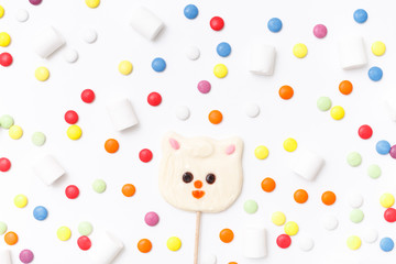 Lollipops sweets. Candy mm, top view flat lay on white background. Sweet sucker, lollipop, candy,...