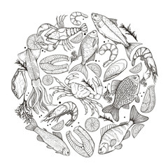 Vector set of line sketches of fish and seafood