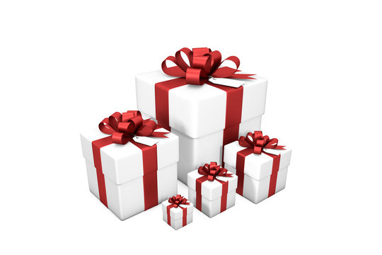 3d illustration: Five white gift boxes from small to large in order of size  with red silk ribbon / bow and tag on a white background isolated.