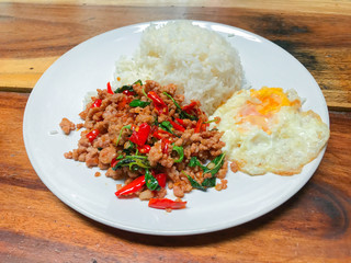 Rice topped with stir-fried pork and basil