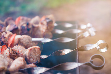 Summer leisure: barbecue in the forest. cooking shashlik on barbecue, closeup. meat in metal brazier.