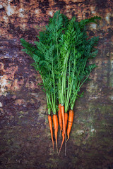 Bunch of freshly picked carrots on a rusted background