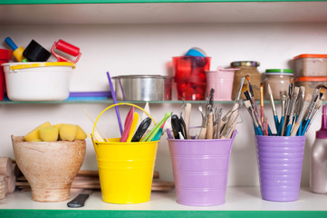 Ceramic products stand on shelves