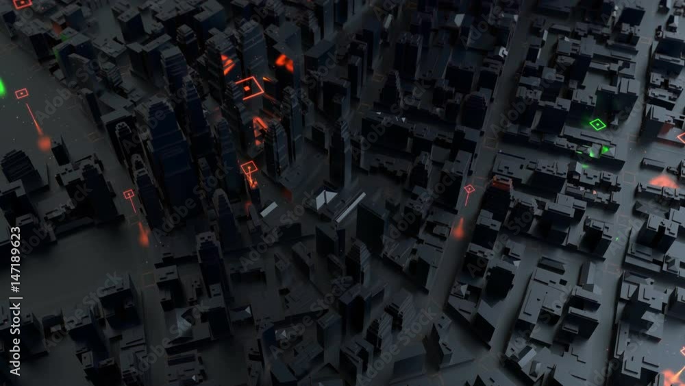 Aufkleber 3d rendered digital abstract city. scanning city for hackers attack concept. city building forms wit