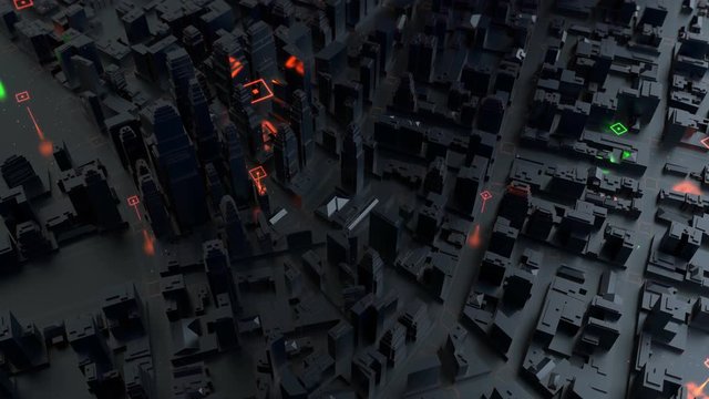 3d rendered digital abstract city. Scanning city for hackers attack concept. City building forms with reflections, shadows and 

random elements. High quality detailed render.
