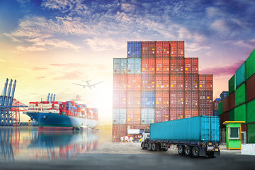 Naklejka premium Logistics import export background and transport industry of Container truck and Cargo ship in seaport at sunset sky