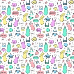 Hand drawn Swimsuits. Summer swimming suits collection. Vector seamless pattern for summer vacation. Color print on white background.