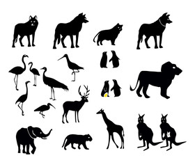 Wild Animal Icons Set as Black Vector Silhouettes Isolated on White Background