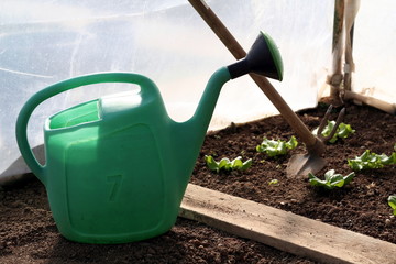 Gardening tool in a sustainable greenhouse in countryside