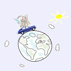Around the world travel memories. Blue retro toy car with famous monuments on roof at cartoon planet.