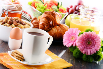 Composition with breakfast on the table. Balnced diet.