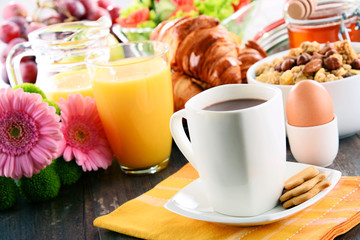 Composition with breakfast on the table. Balnced diet.