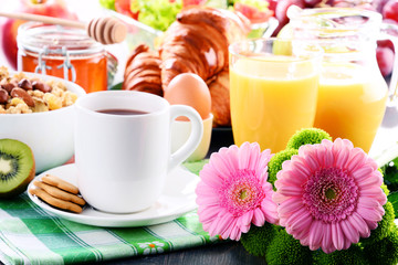 Composition with breakfast on the table. Balnced diet.