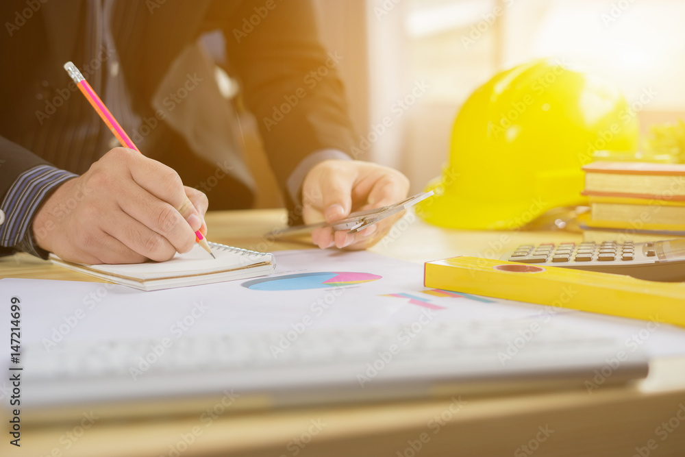 Poster architects working on blueprint with pencil,engineer inspective in workplace ,architectural project,