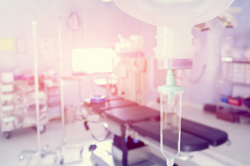 Close up 0.9 % Normal saline solution or sodium chloride drip for patient and infusion pump at Emergency ,operating room in hospital by doctor,Medical corridor concept,with copy space ,vintage color