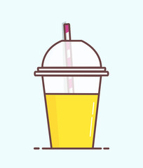 Animated Cartoon Plastic Orange Juice Cup with Straw in Minimalist Flat Vector Isolated on Clear Light Blue Background