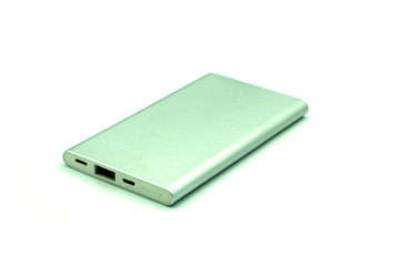 A metallic silver color of mobile electric power charger in white background.