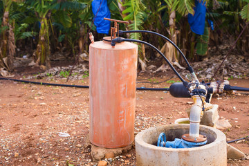Irrigation systems, pipes and faucets for watering.