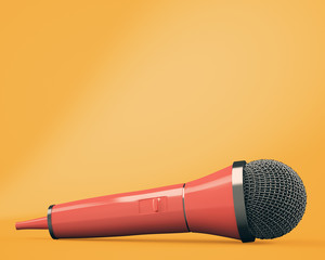Red microphone on orange background. 3d render